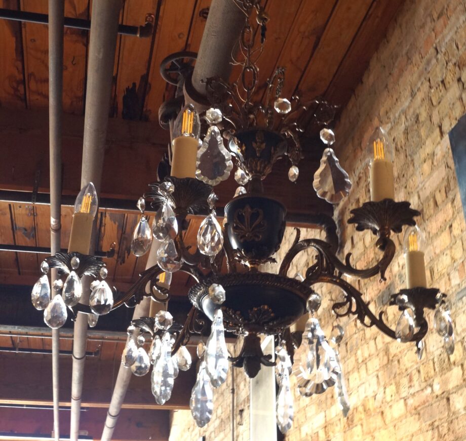 Black and Gold Vine Armed Chandelier w Leaf Prisms