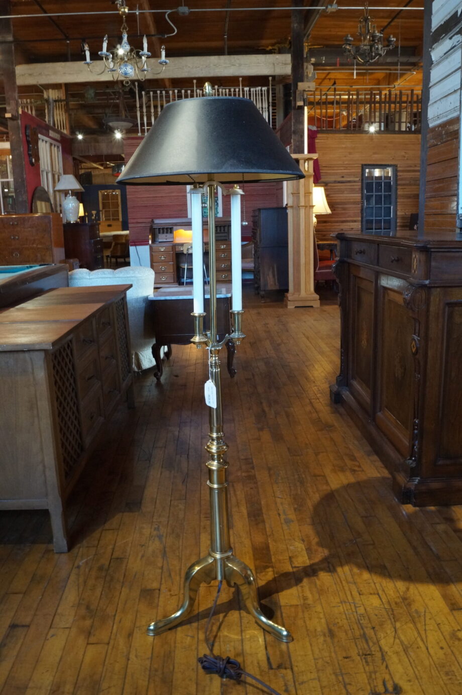 Brass 3 Candle Floor Lamp w Black Shade