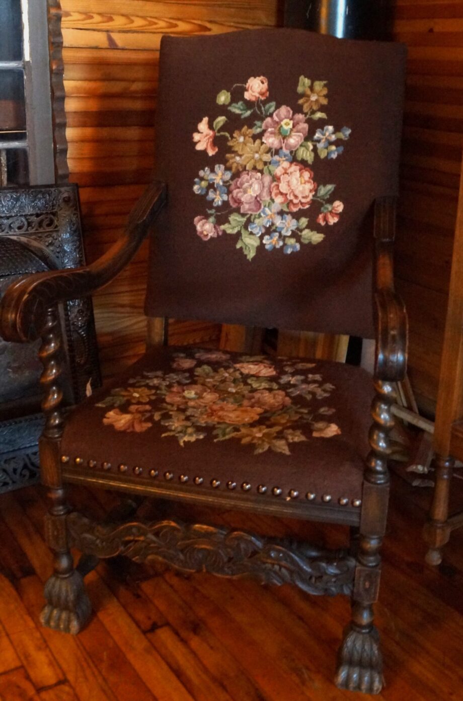 Carved Wood Armchair w Needlepoint Cushion