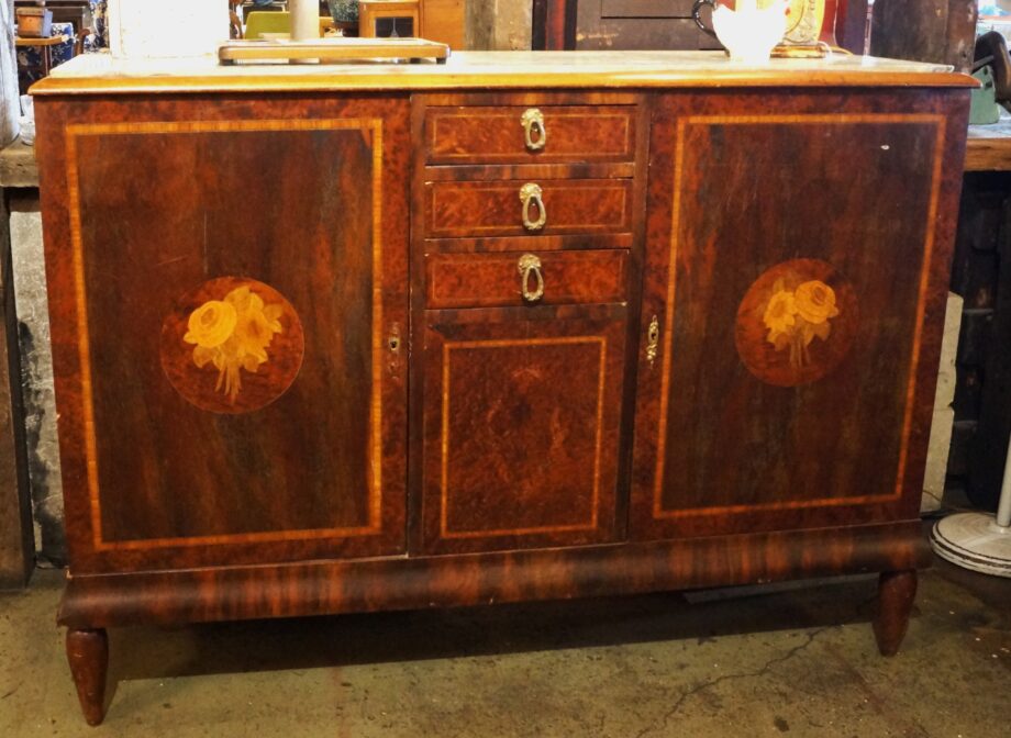 White Marble Top Tall Credenza w Floral Doors