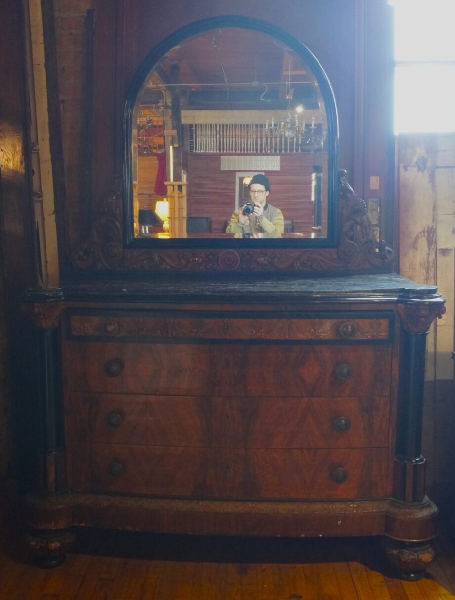 Black Marble Top Dresser w Oval Mirror and Ornate Carvings