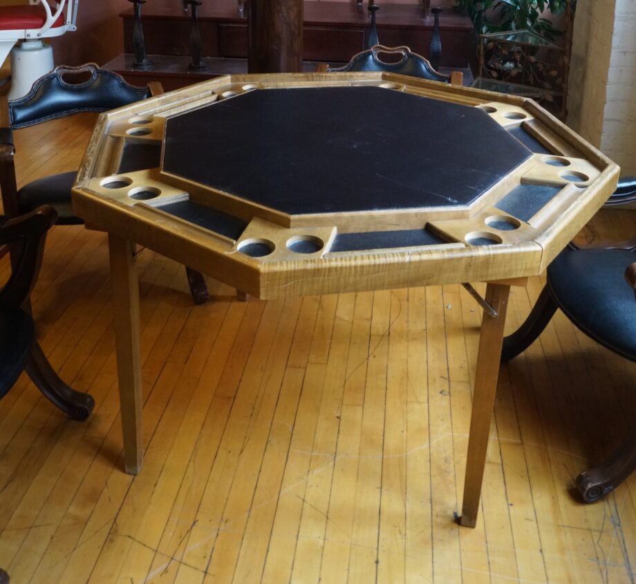 Octagonal Bridge Table w Fold Out Legs and 4 Leather Harp Chairs