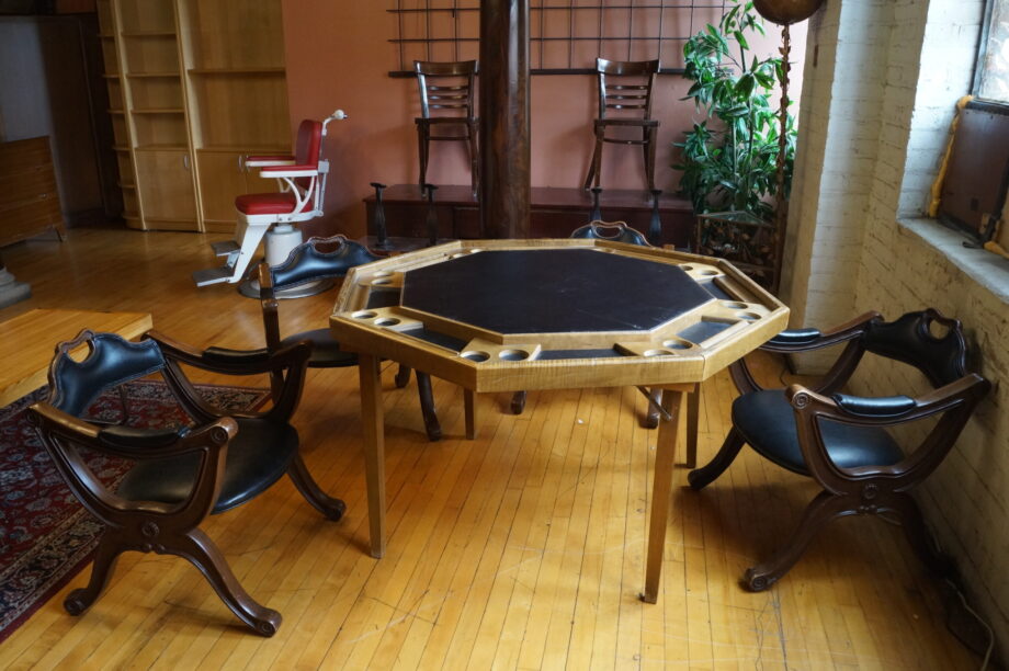 Octagonal Bridge Table w Fold Out Legs and 4 Leather Harp Chairs