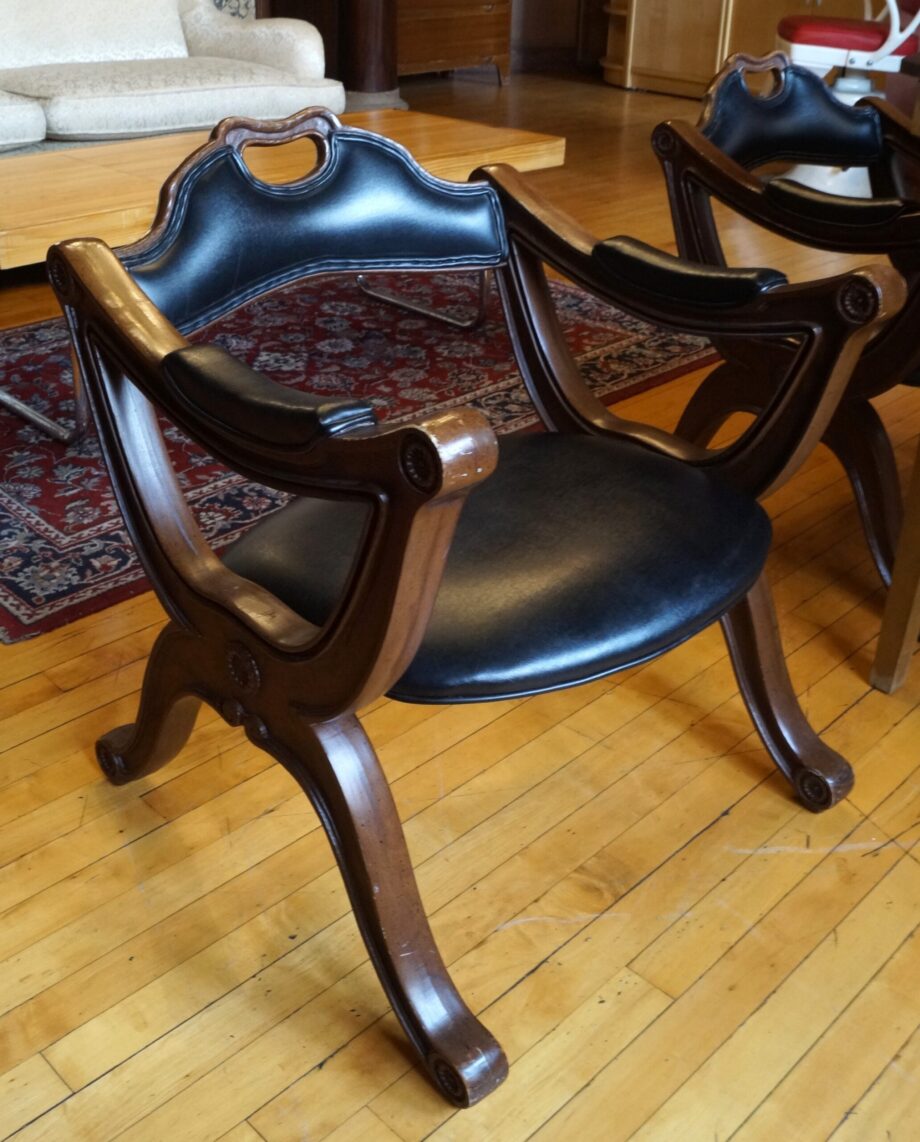 Octagonal Bridge Table w Fold Out Legs and 4 Leather Harp Chairs