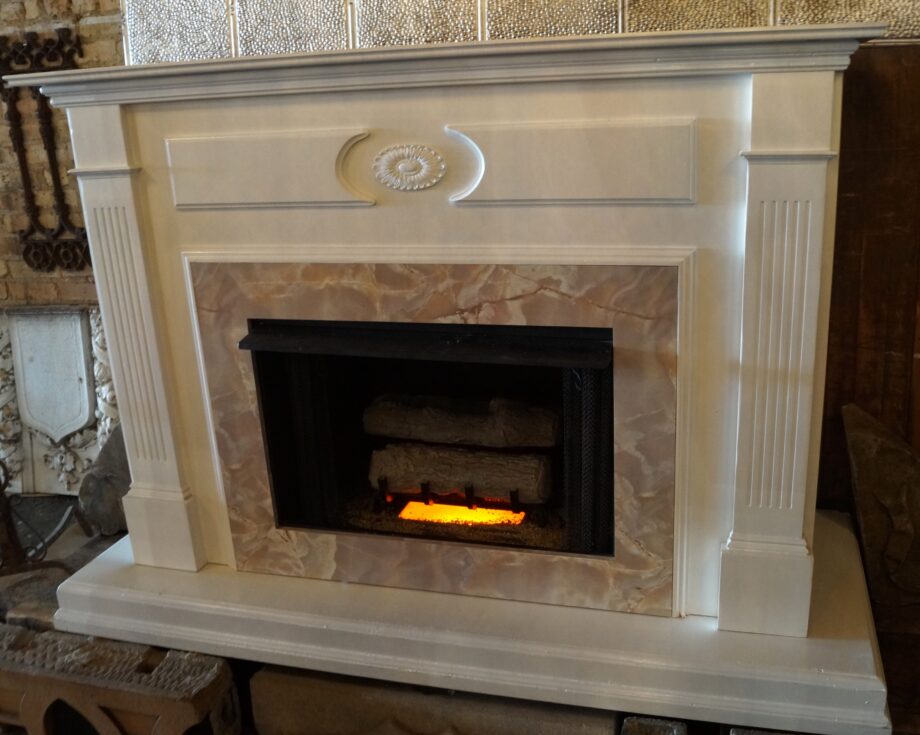 White Mantel Box w Marble Surround and Electric Firebox