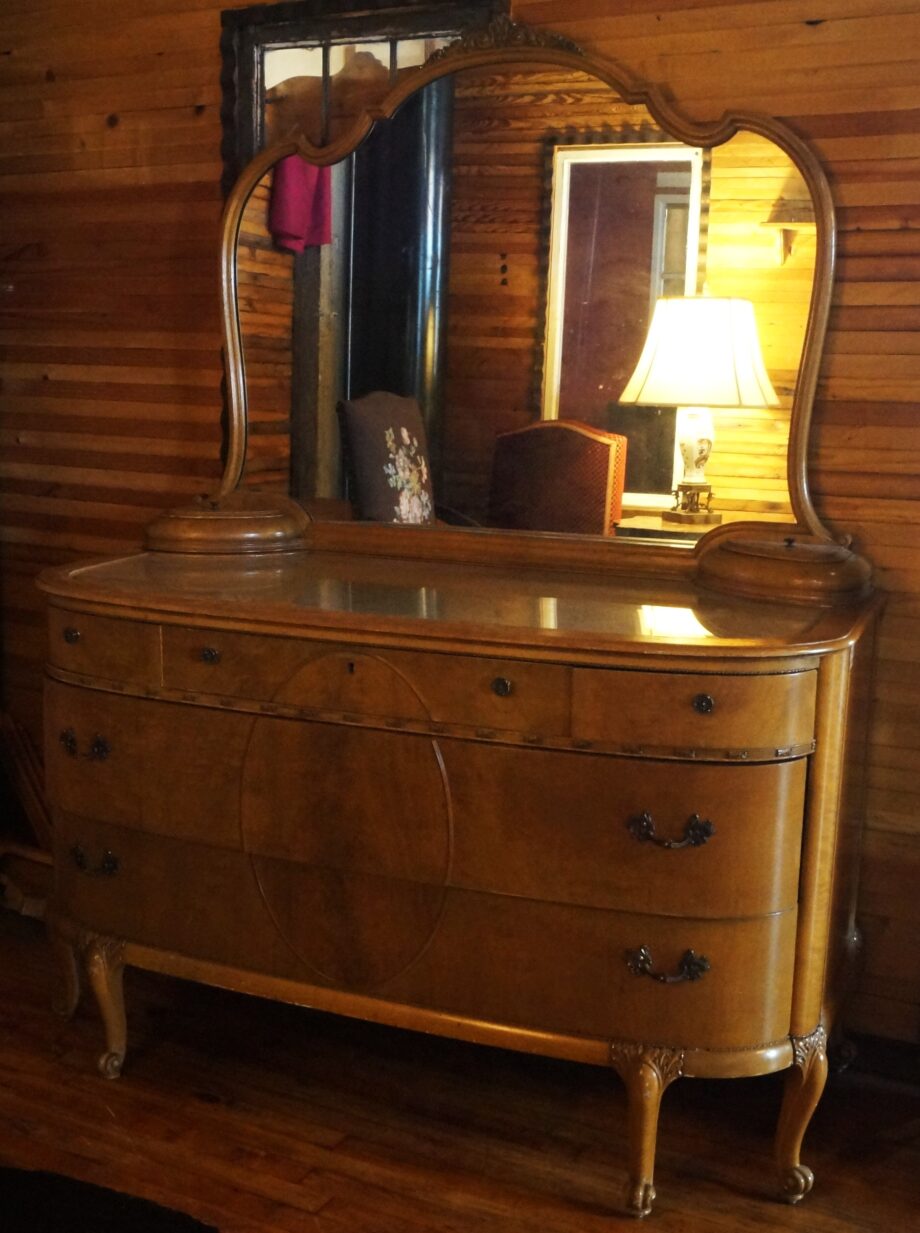 Blonde Rounded Dresser w Glass Top and Large Mirror