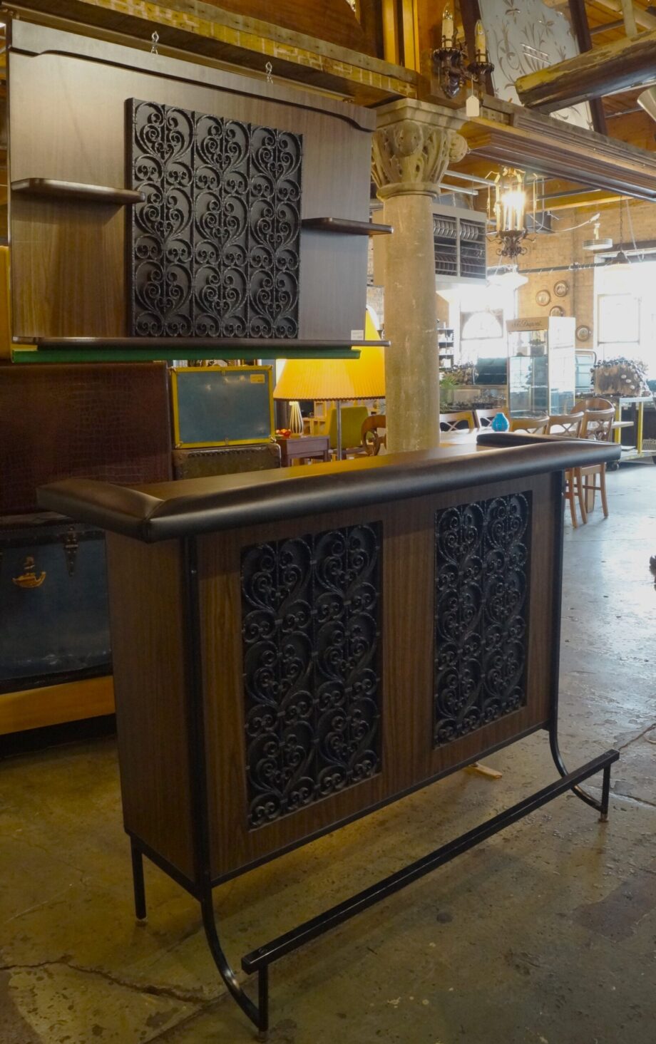 Wrought Iron and Wood Bar w Back and Stools