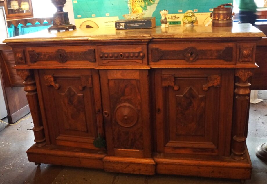 Solid Ornate Carved Buffet w Grey Marble Top