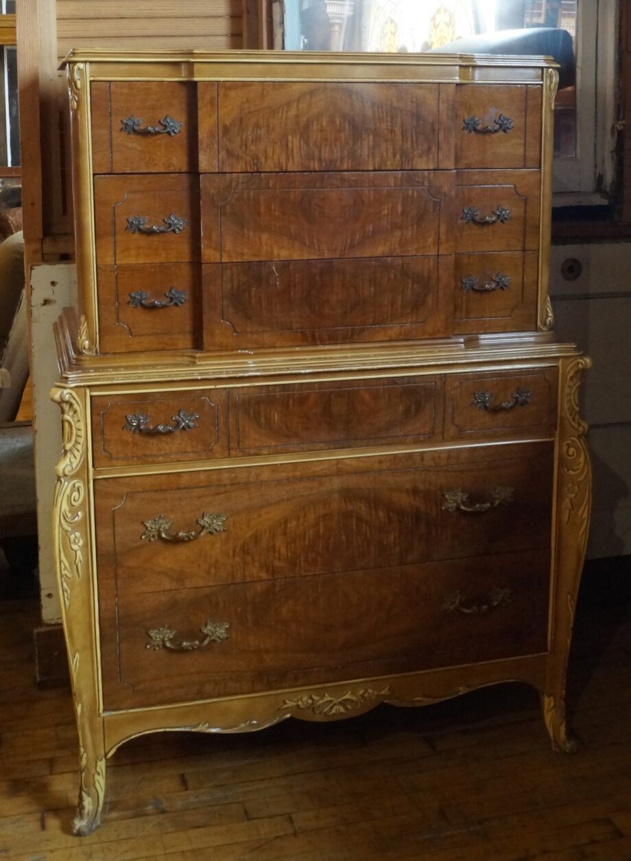 Tall Boy Dresser w 6 Burled Drawers and Ornate Trim