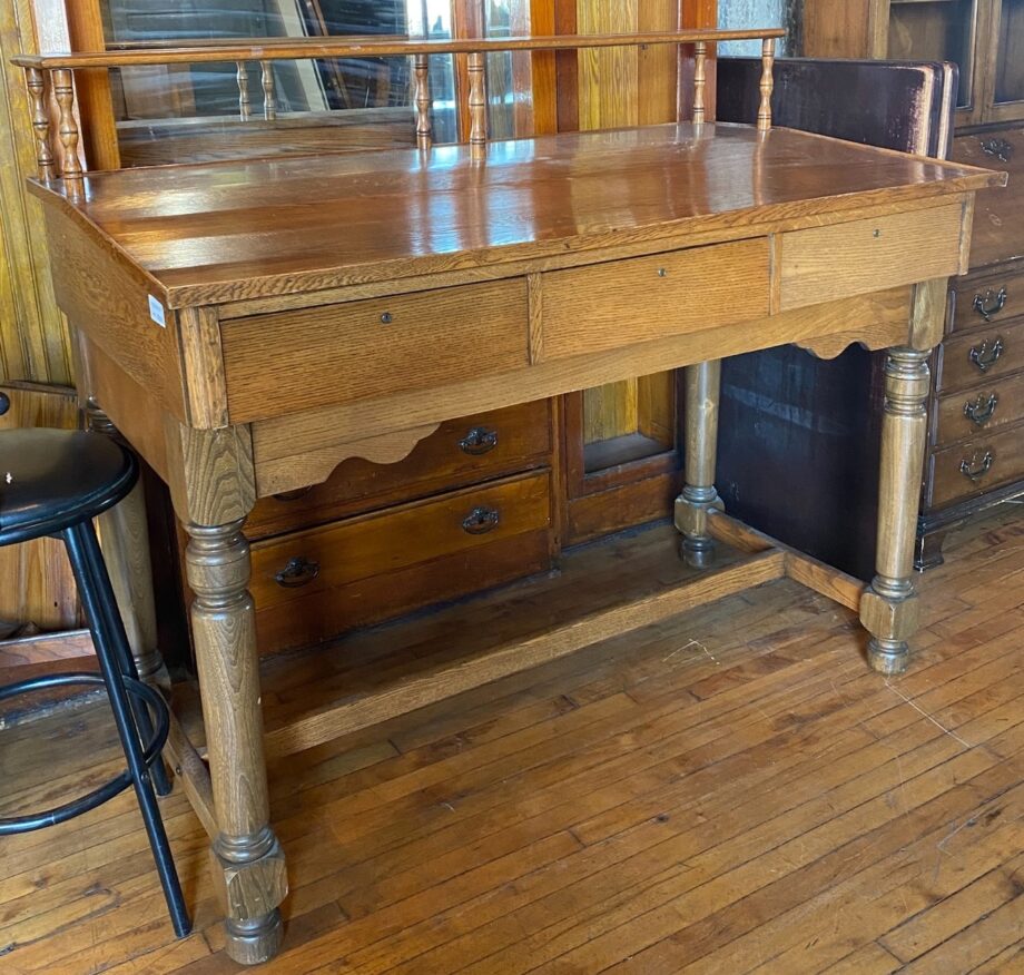 Antique Wood Standing Desk w Rail and 3 Drawers