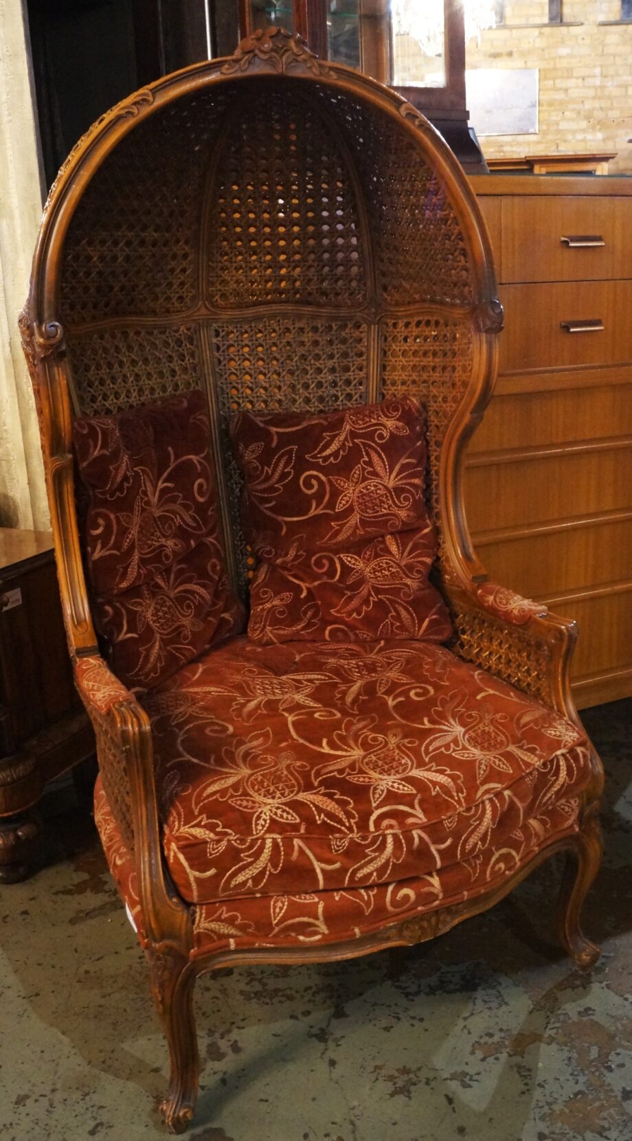 Cane Back Canopy/Balloon Chair w Red Cushions