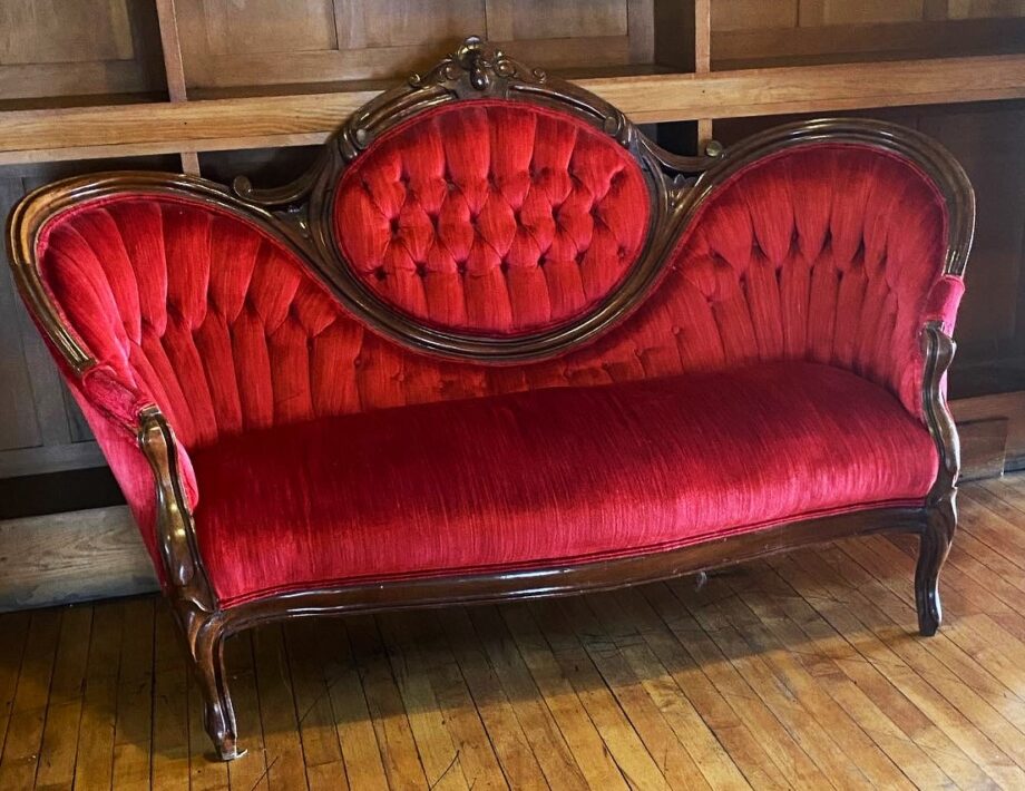 French Style Red Loveseat w Carved Accents