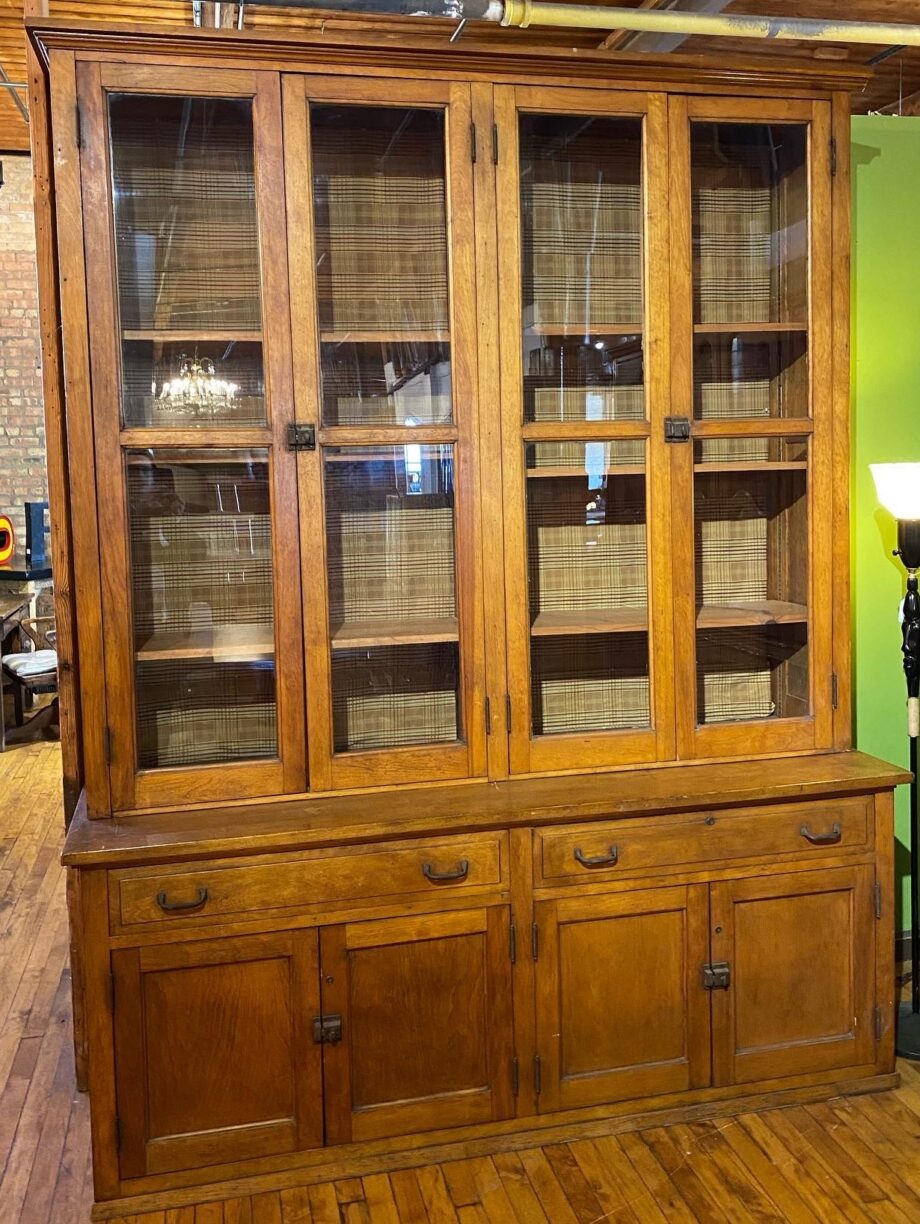 Large Light Wood Hutch w Glass Doors and Plaid Liner