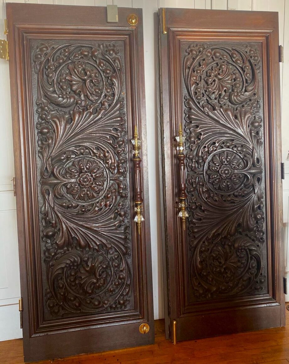 Ornate Double Sided Carved Doors w Scepter Handles PAIR