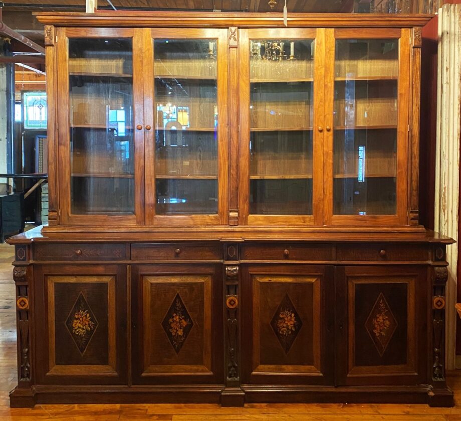 Large Antique Hutch W Flower Painted Doors and Carved Accents