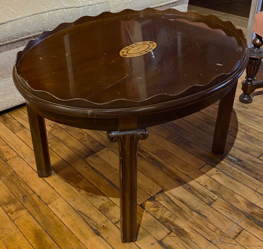 Dark Wood Oval Coffee Table w Gold Floral Center