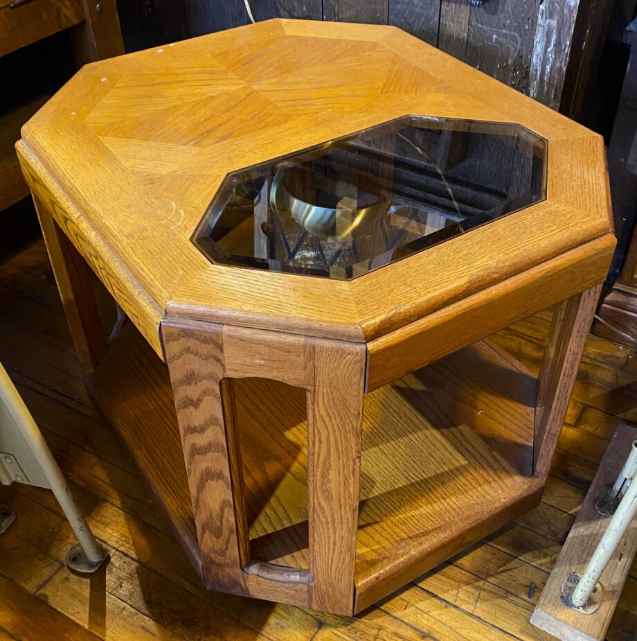 Octagonal End Table w Beveled Smoke Glass Insert