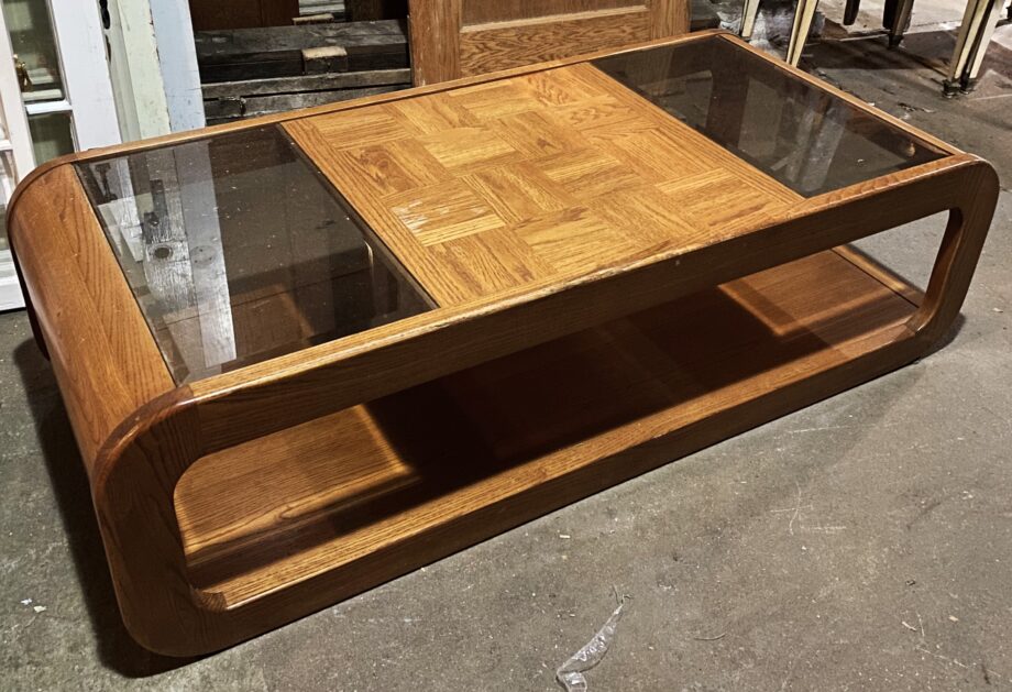 Rounded Edge Coffee Table w Checkered Pattern and Two Glass Panels