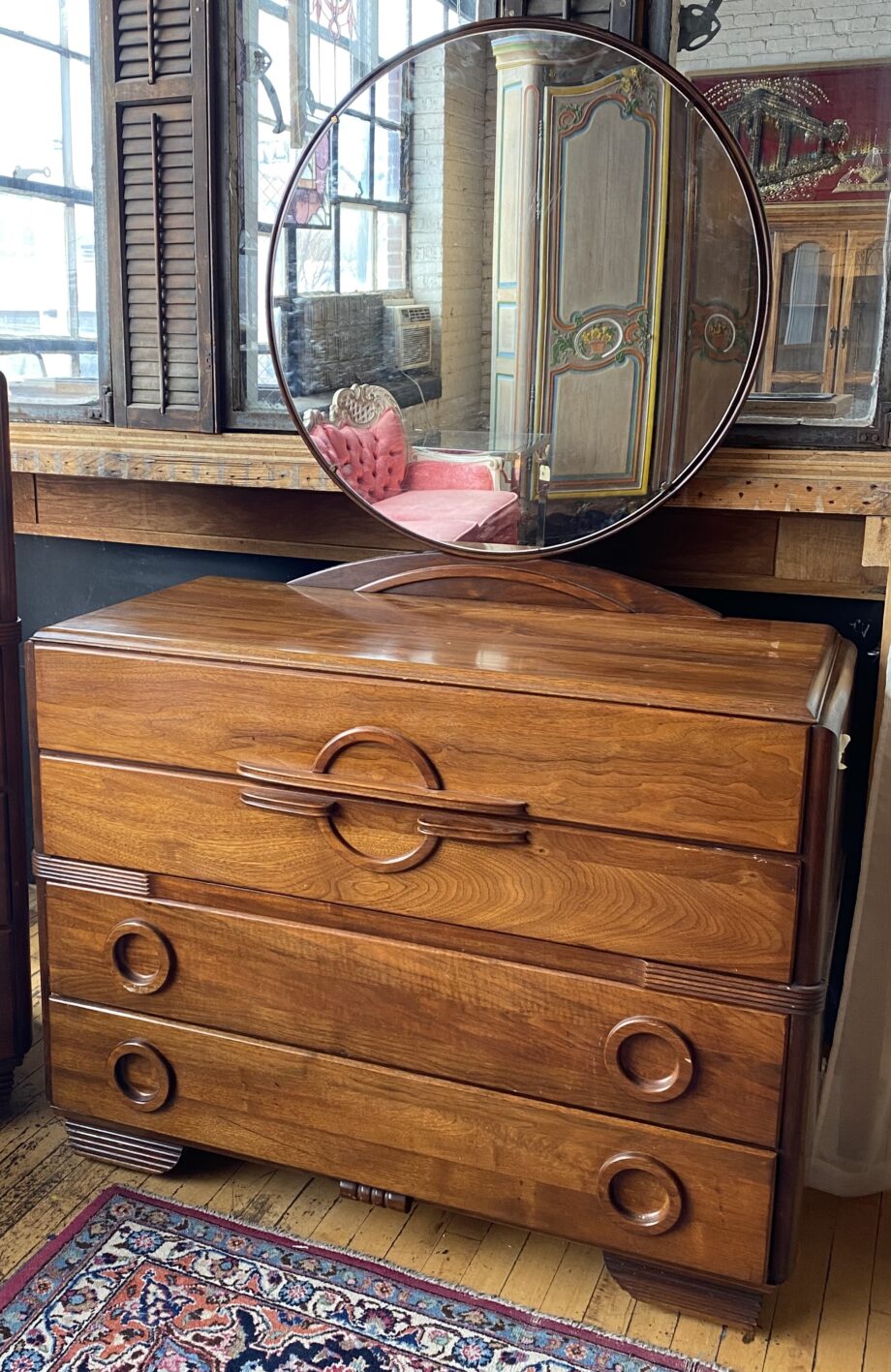 Low MCM Dresser w Detailed Handles and Round Mirror