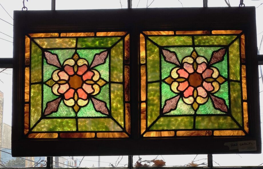 Double Stained Glass Window w Pink Flowers