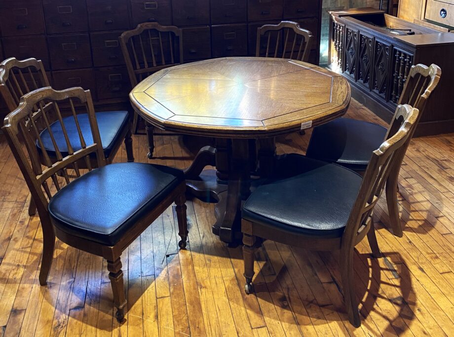 Octagonal Pedestal Table w 6 Black Leather Chairs