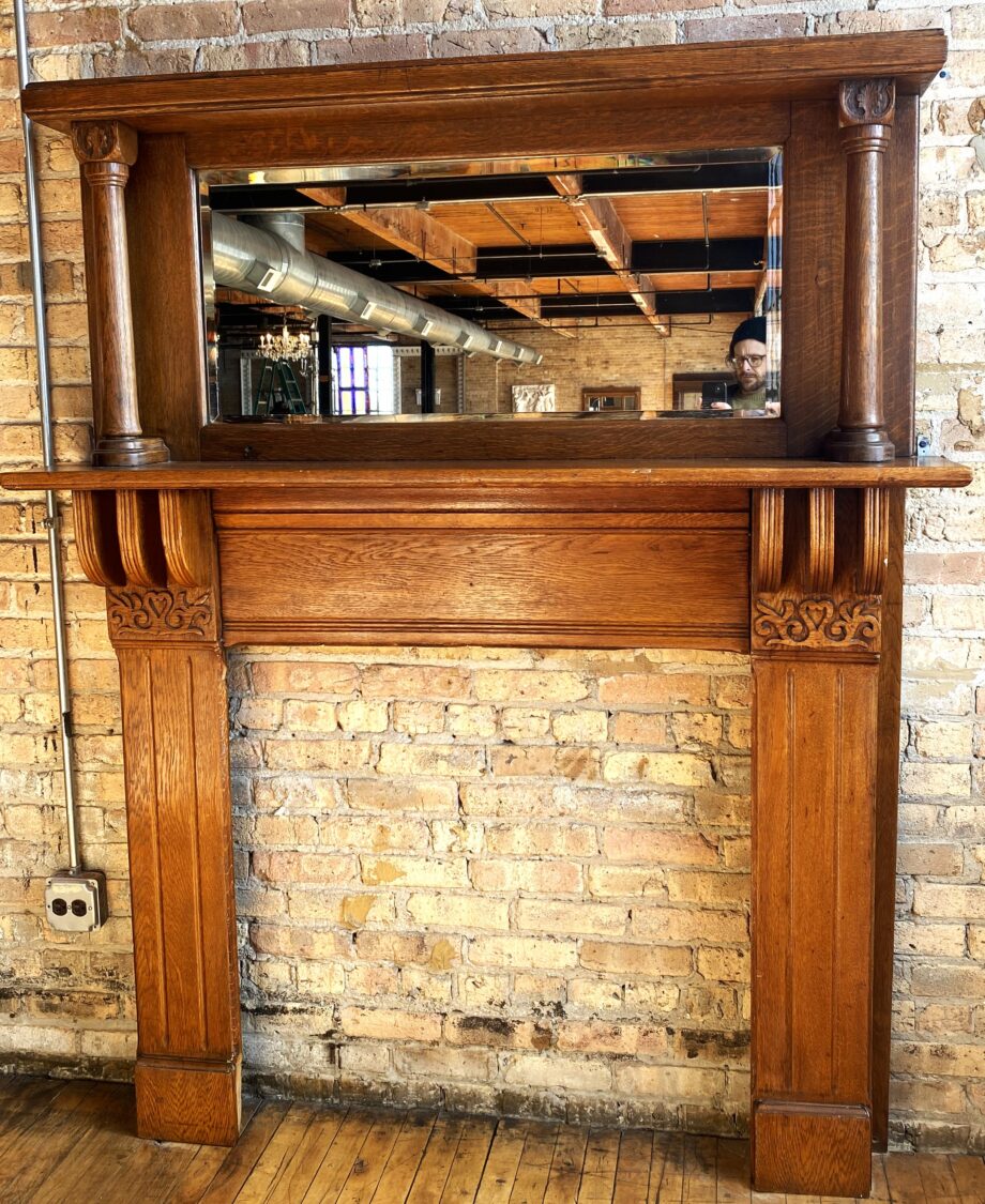 Two Piece Mantel w Mirror and Columns w Carvings