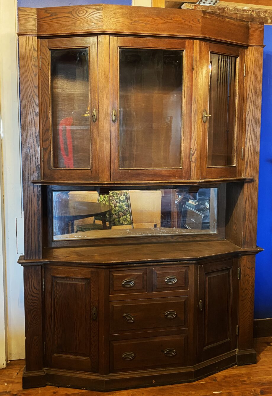 Dark Wood Built In Hutch w Mirror and 3 Glass Doors