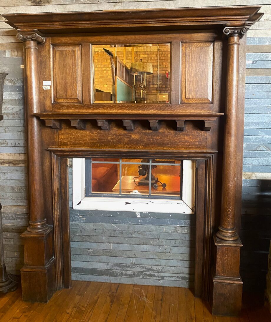 Dark Wood Mantel w Columns and Beveled Mirror