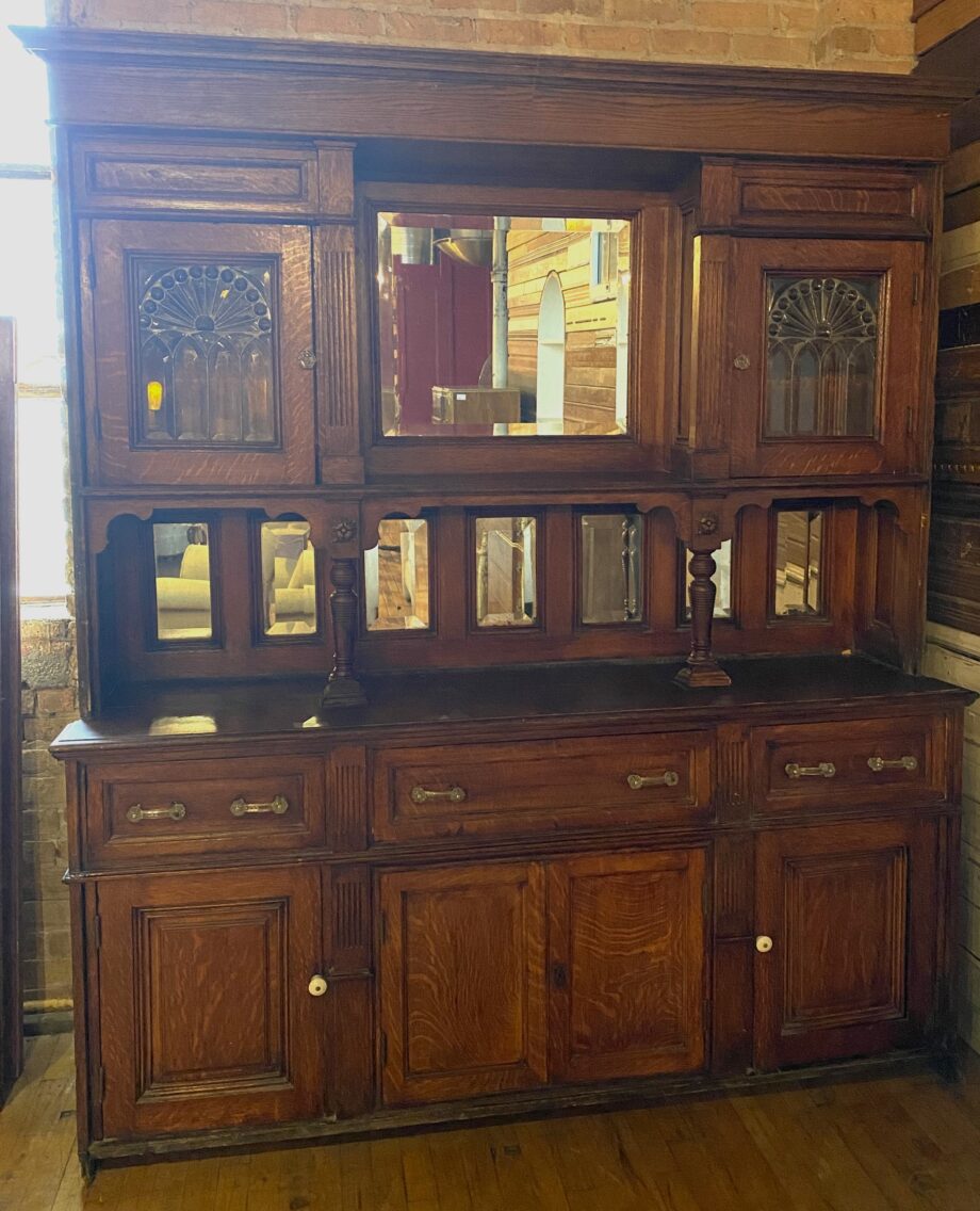 Built In Hutch w Beveled Mirrors and Fan Pattern Glass Doors