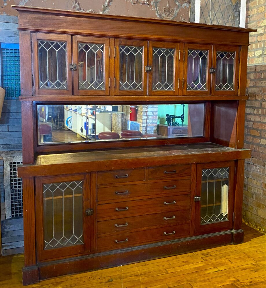 Dark Wood Hutch w 8 Leaded Glass Doors and 6 Drawers