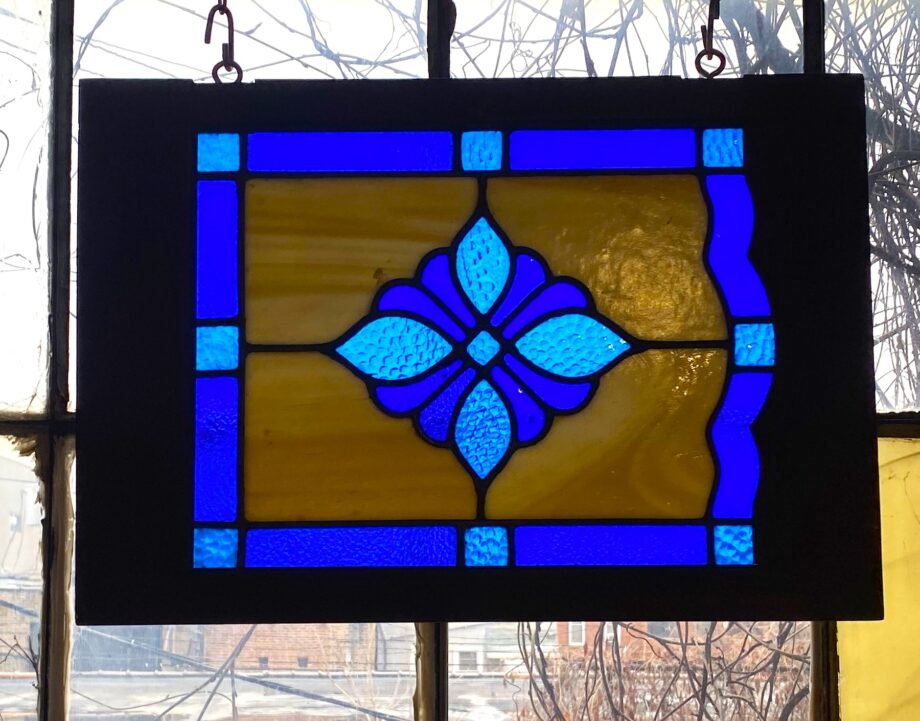 Blue and White Floral Center Stained Glass Door