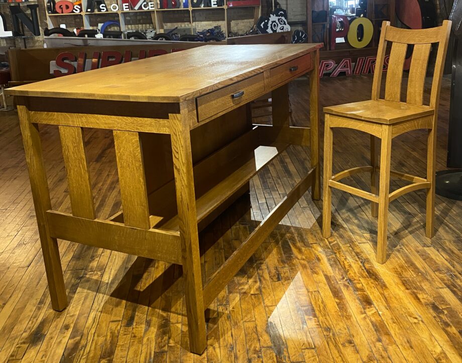 Tall Custom Amish Built Standing Table w Stool and Long shelf