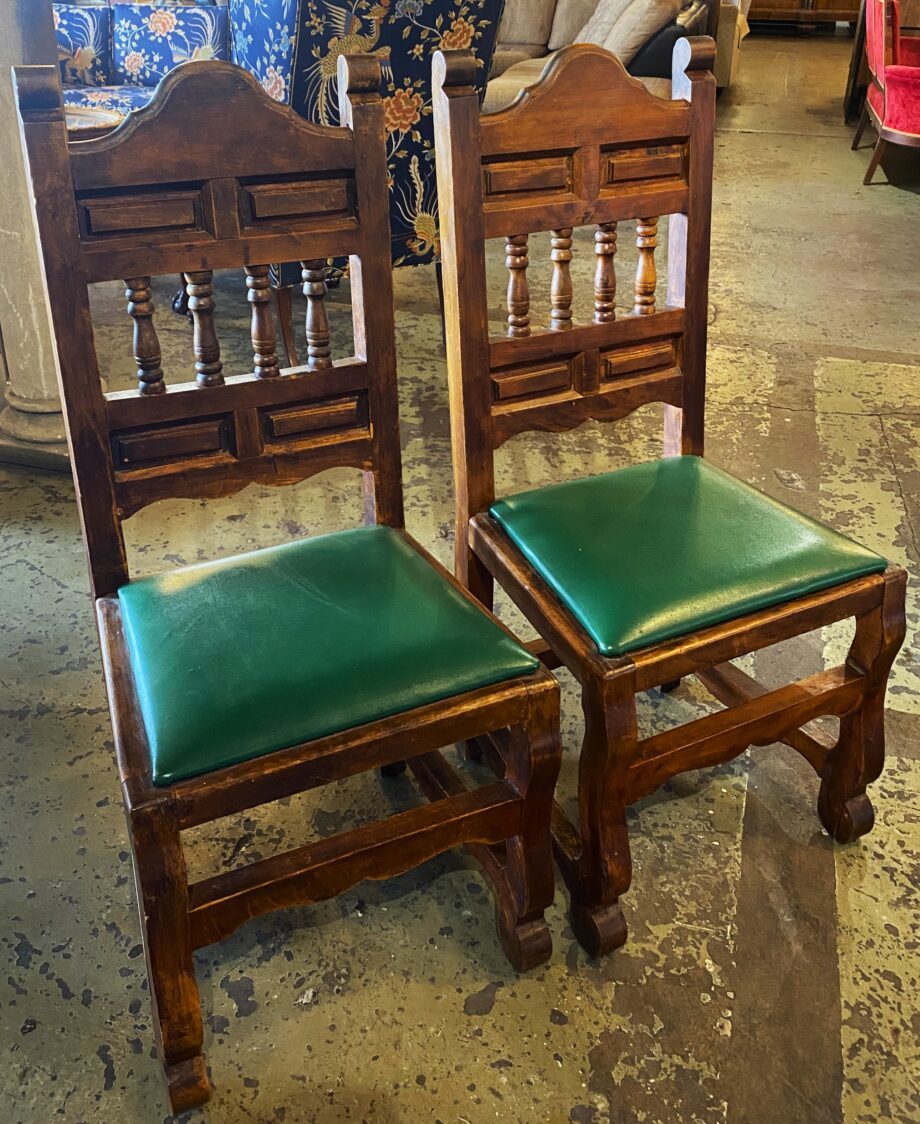 Carved Back Antique Dining Chair w Green Seat PAIR