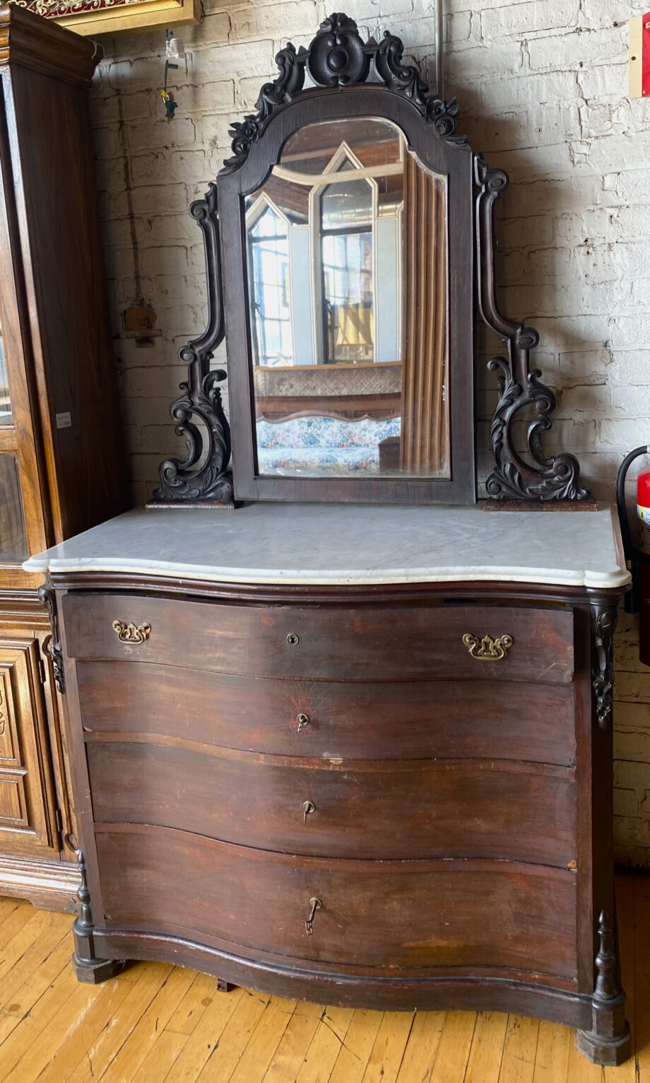 White Marble Top Dresser w Ornate Swinging Mirror