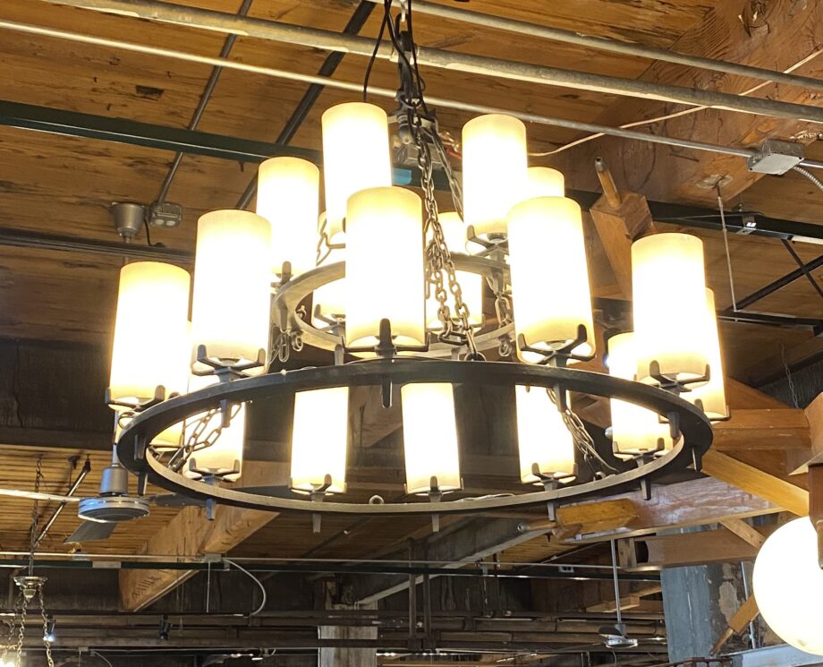 2 Tier 18 Lite Iron Chandelier w Milk Glass Tube Shades