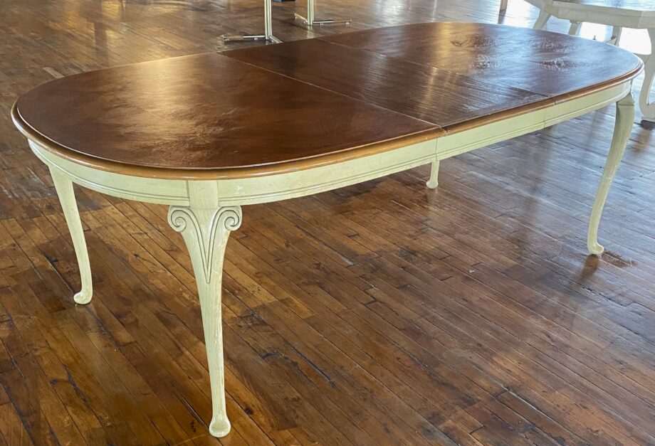 Oval Dining Table w Diamond Pattern Top and Sage Colored Base w 3 Leaves