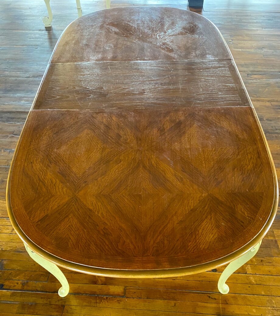 Oval Dining Table w Diamond Pattern Top and Sage Colored Base w 3 Leaves