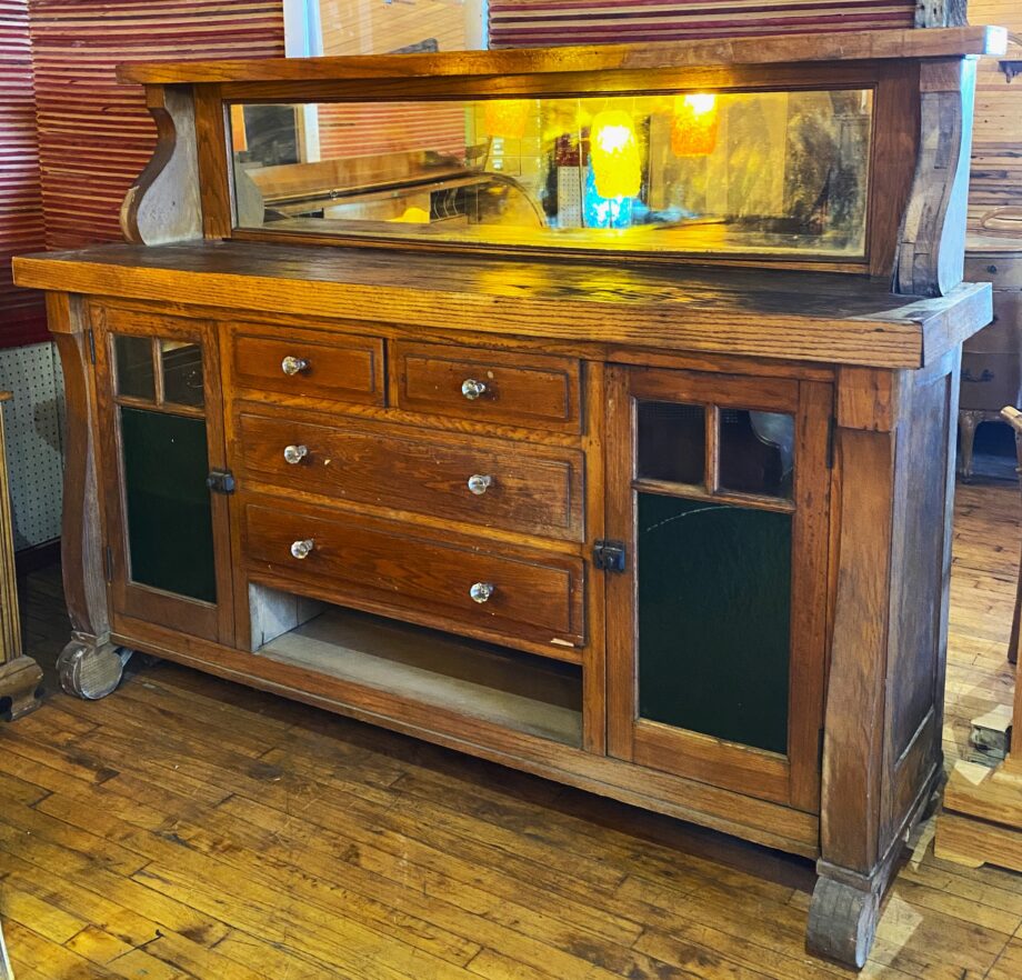 Wood Side Rail Buffet w 4 drawers and 2 Glass Doors and Mirror