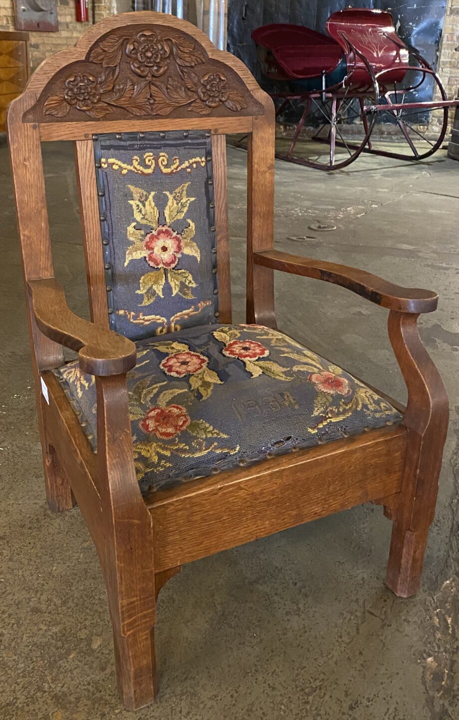 Short Floral Carved Needlepoint Arm Chair