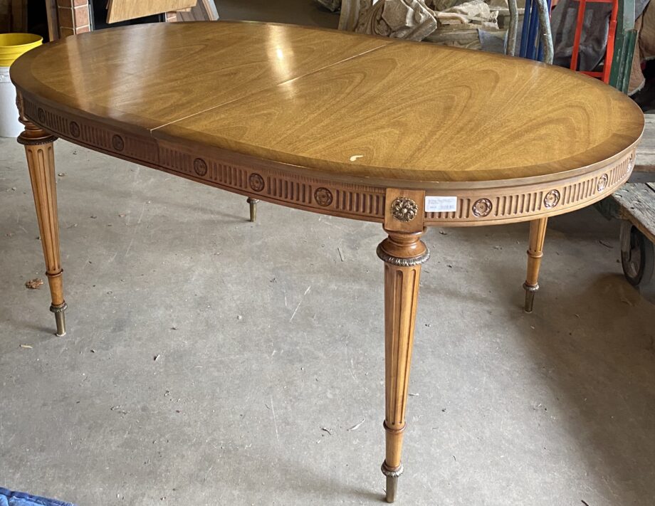 Oval Dining Table w Brass and Carved Flower Trim and 2 Leaves