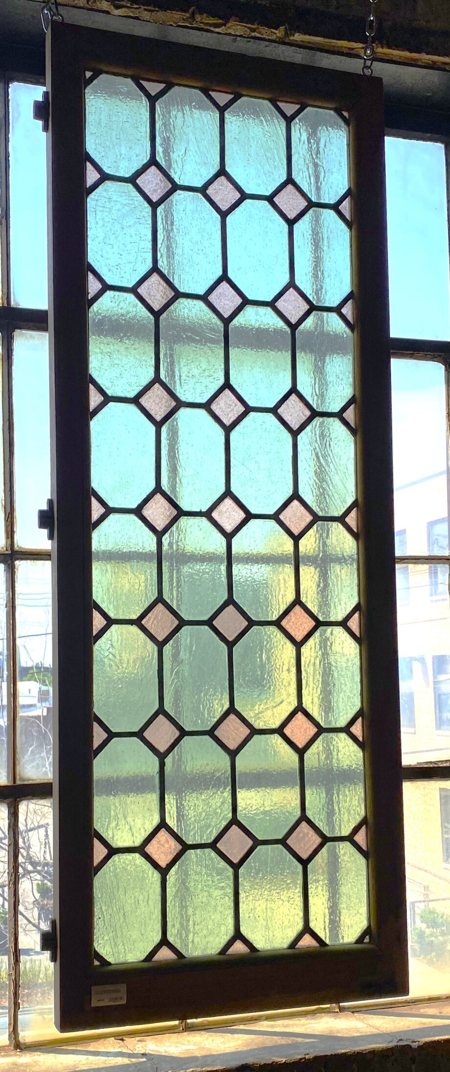 Green and Pink Stained Glass w Mahogany Frame