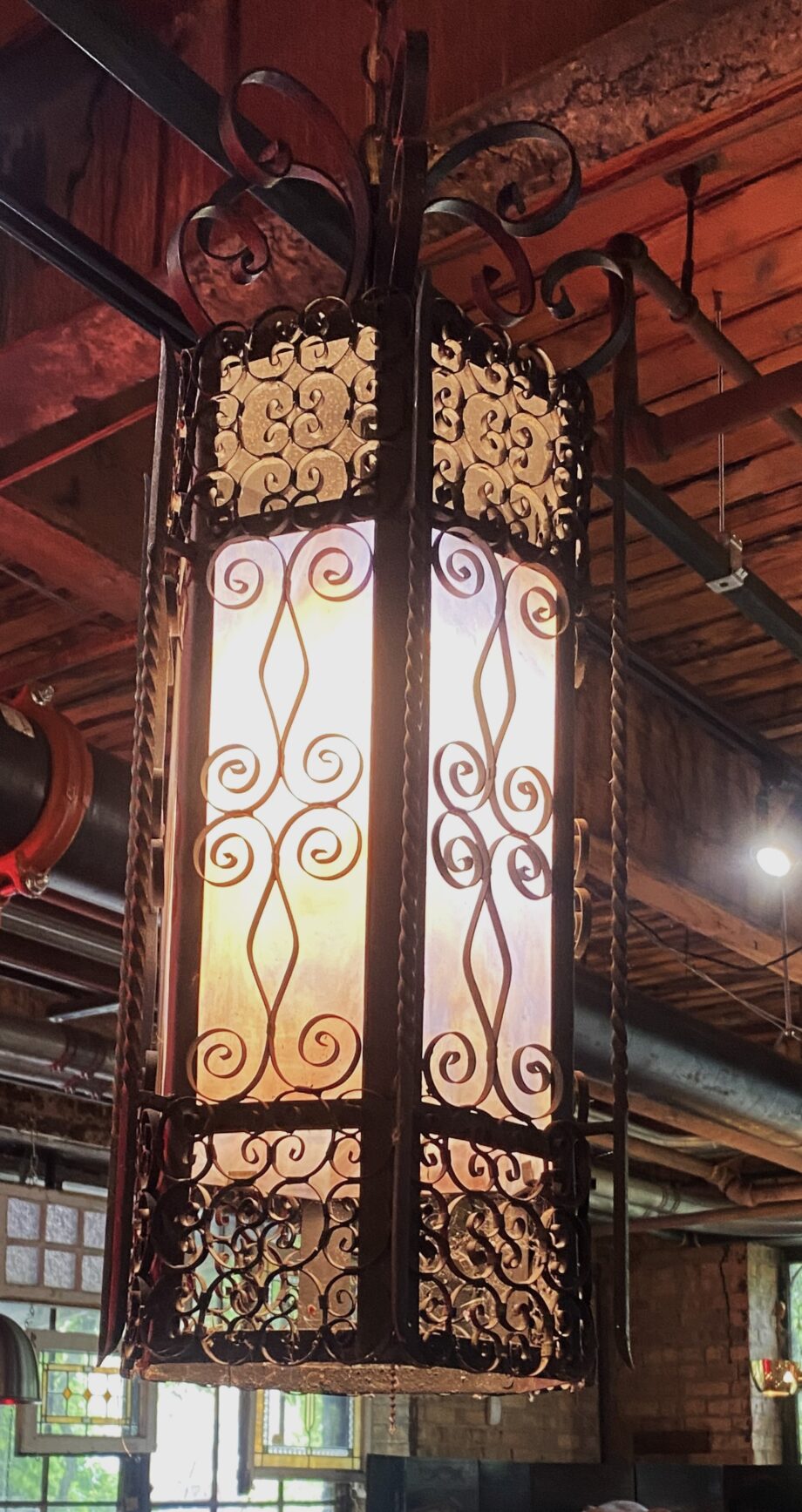 Ornate Iron Swag Light w Blue Slag Glass Inserts