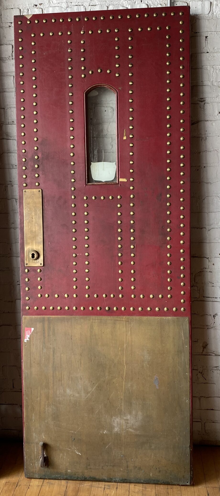 Red Leather Wrapped Restaurant Door w Brass Rivets and Kick Plate