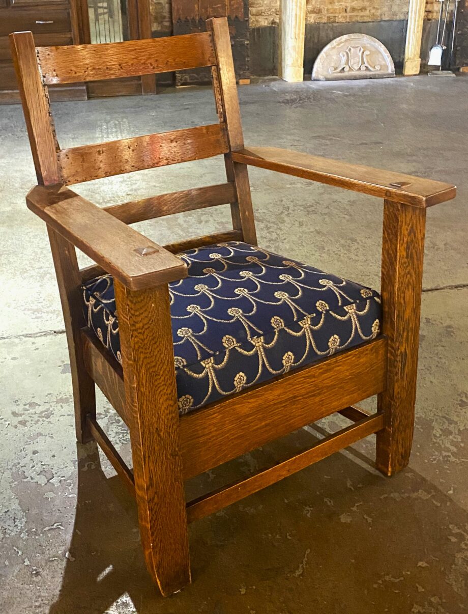 Mission Style Oak Chair w Blue and Floral Seat