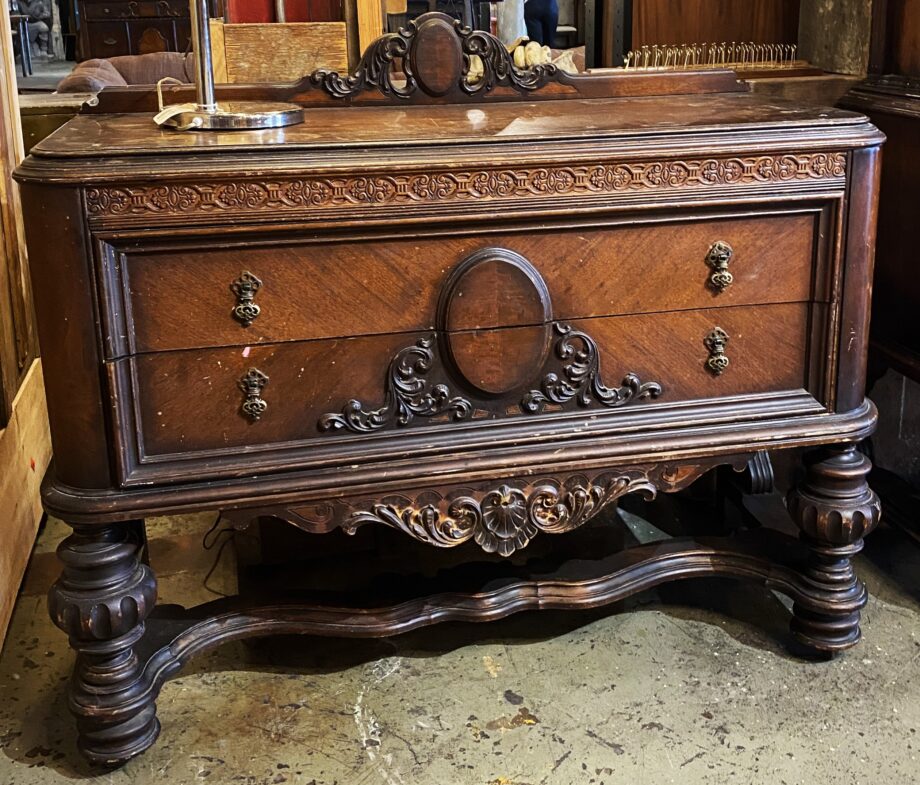 Dark Wood Ornate Carved 2 Drawer Buffet w Rail