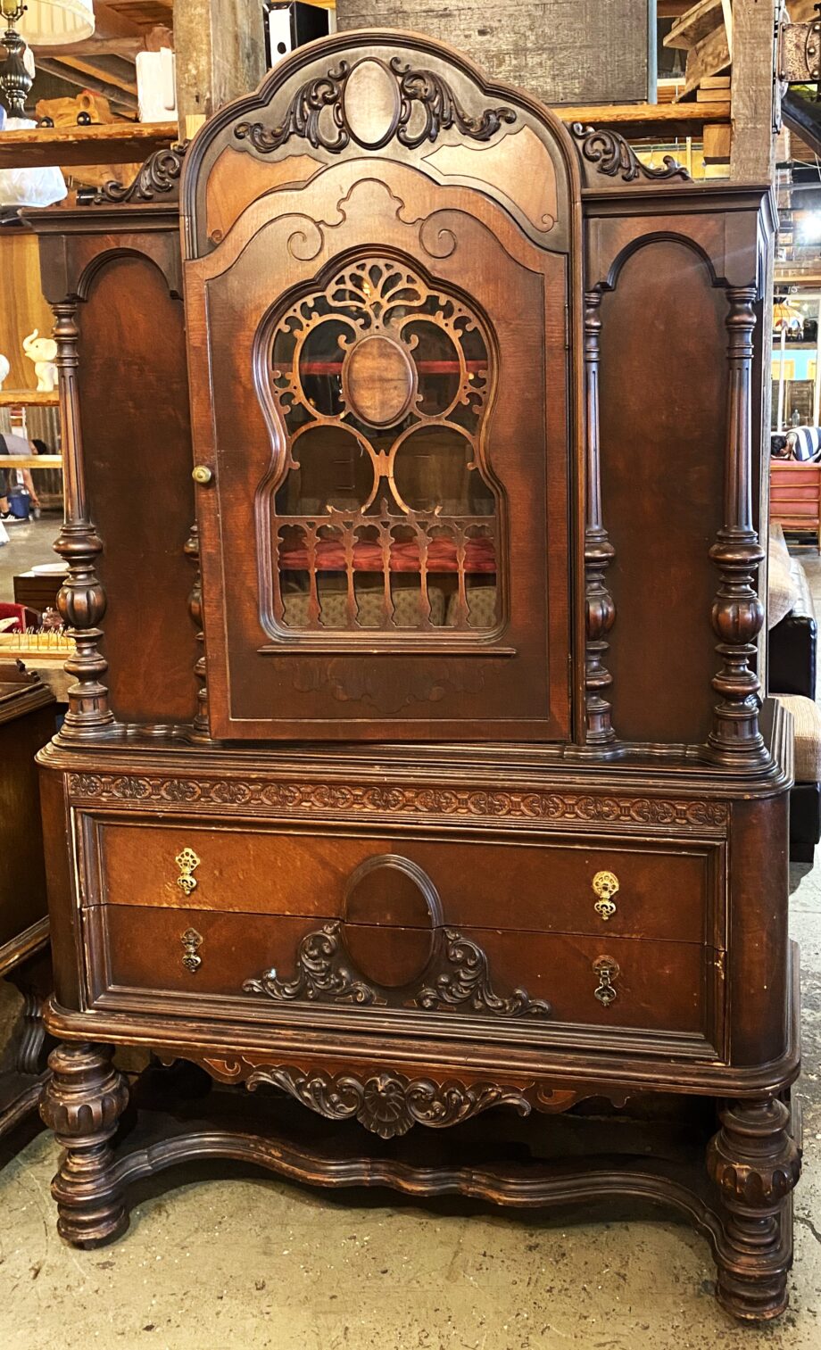 Arched Top Ornate Carved Dark Wood Hutch w Glass Door