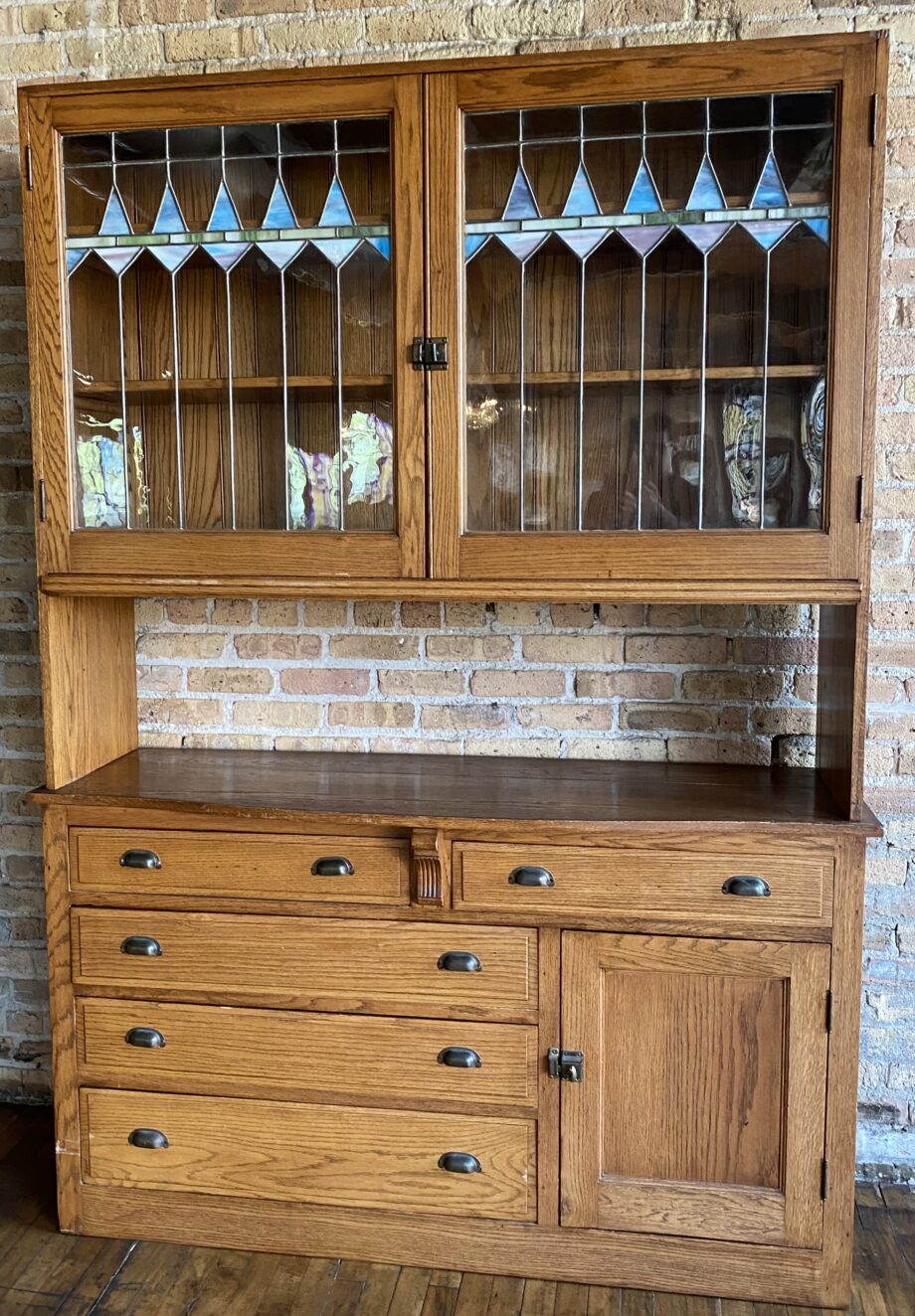 2 Door Blue Pink and Green Stained Glass Built in Hutch