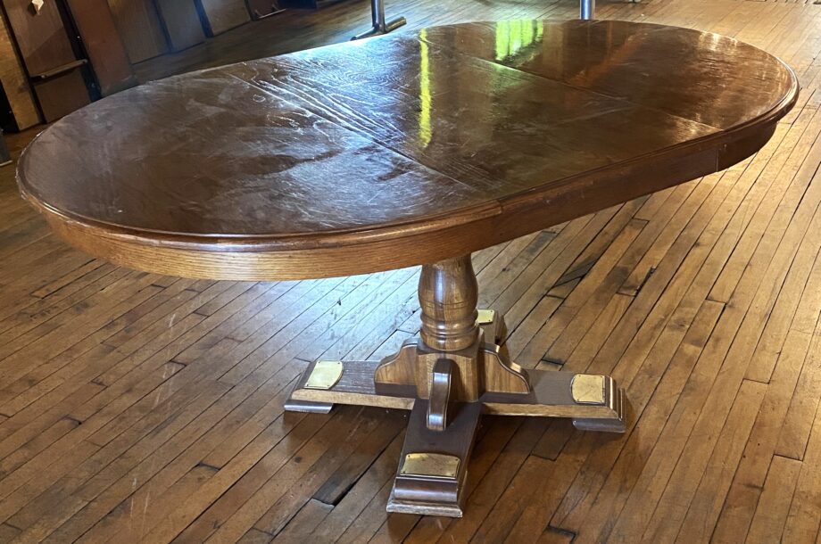 Oval Oak Pedestal Dining Table w Brass Foot Plates