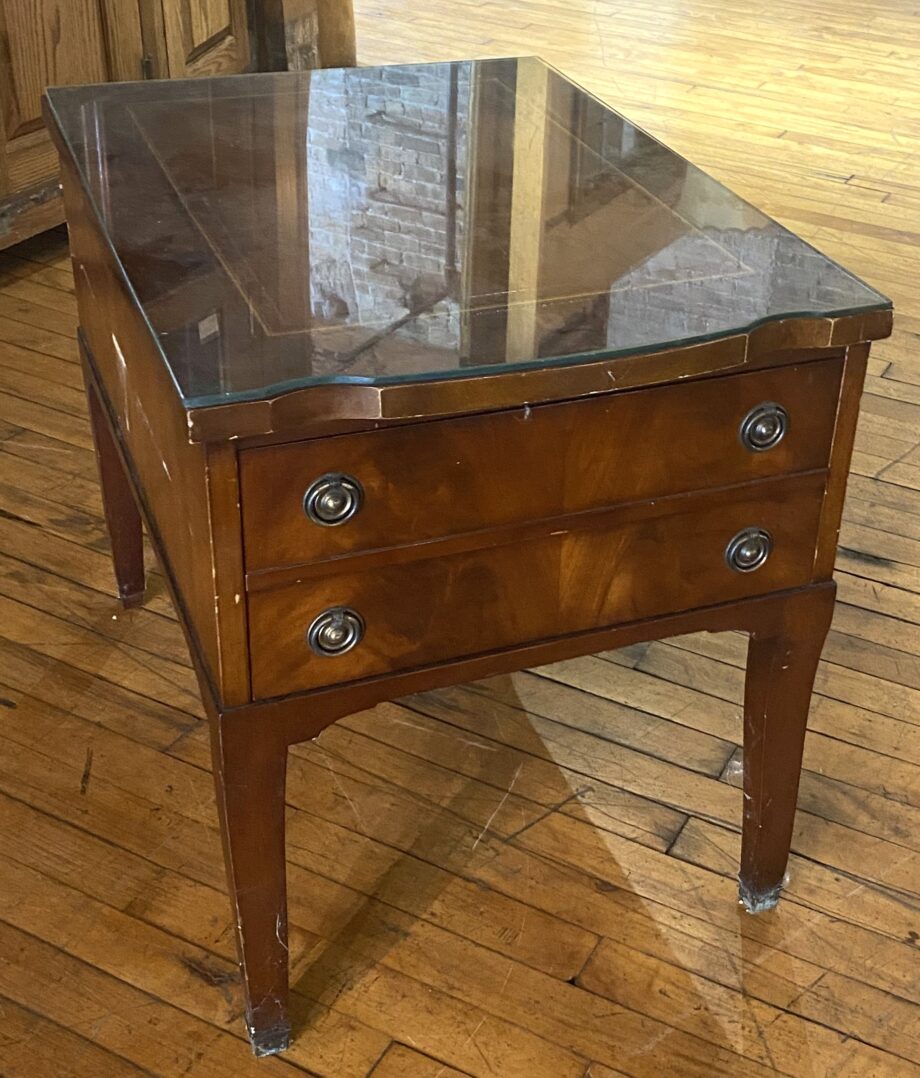 Glass Top Side Table w Leather Inlay