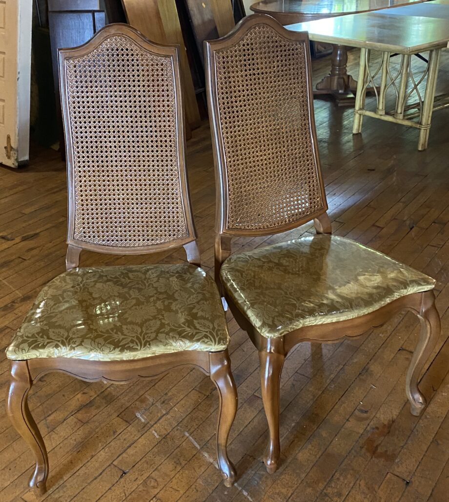 Cane Back Chair w Green Floral Brocade Fabric